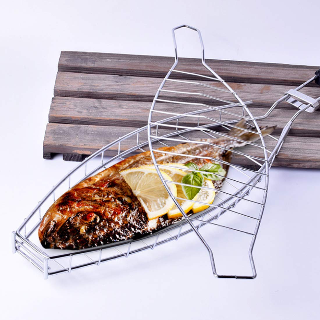 Cesta para parrilla de pescado para barbacoa, cesta portátil para parrilla de barbacoa, cesta para asar de acero inoxidable, herramienta para barbacoa, parrilla con cable con mango de madera, herram