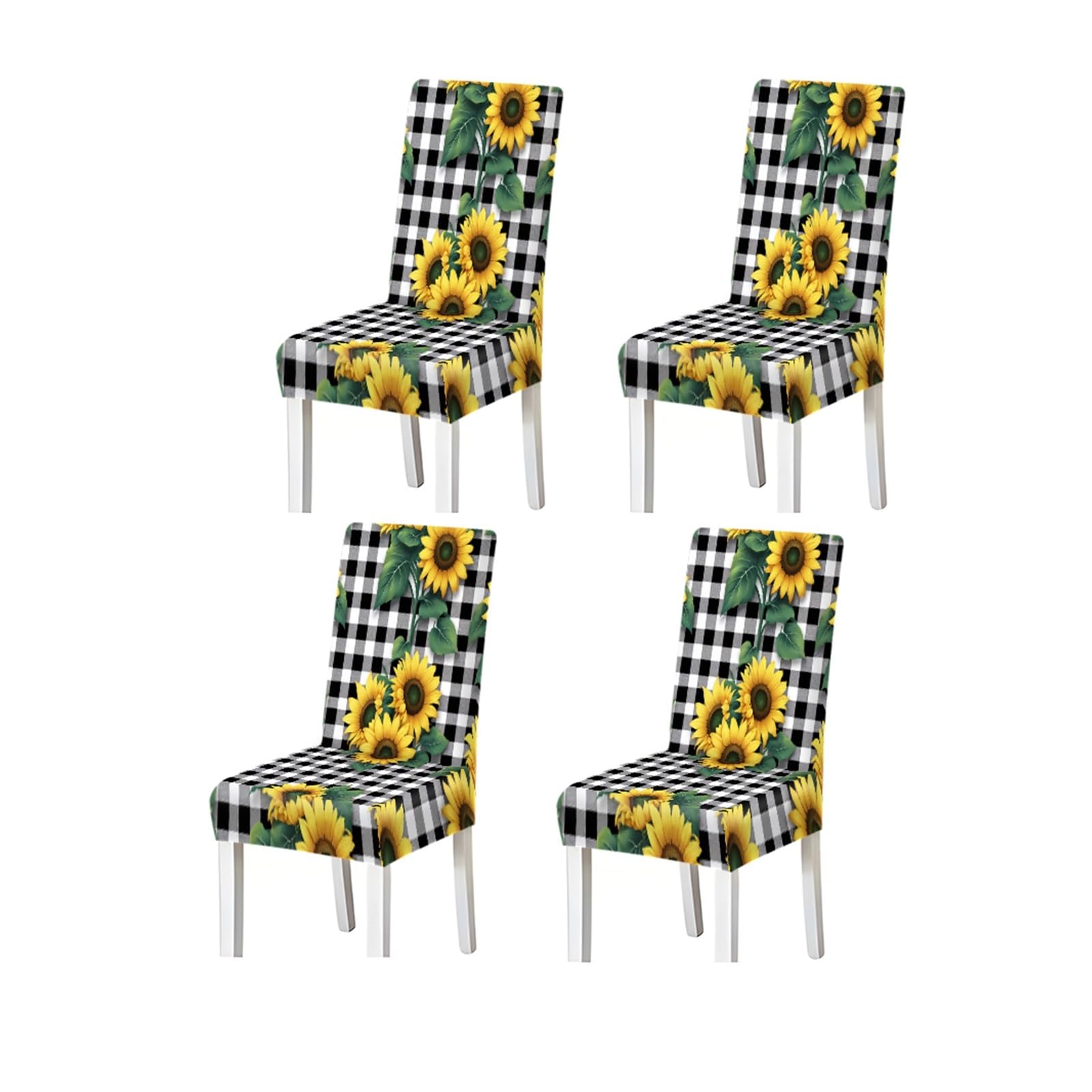 KXUAUV Sunflower Buffalo Plaid Pattern Print Dining Chair Covers Set Of 2/4/6, Stretch Slipcovers For Kitchen Dining Room Seat Protectors for Restaurant Hotel Party(4PCSChair cover)