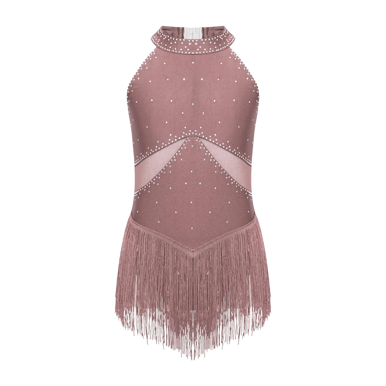 Maillot Patinaje artistico Leotardo con Flecos y Diamantes de imitación for niñas, Vestido de Patinaje artístico, Mono con borlas for Gimnasia, Cha-Cha, Tango, Baile Latino(Dusty Pink,6)