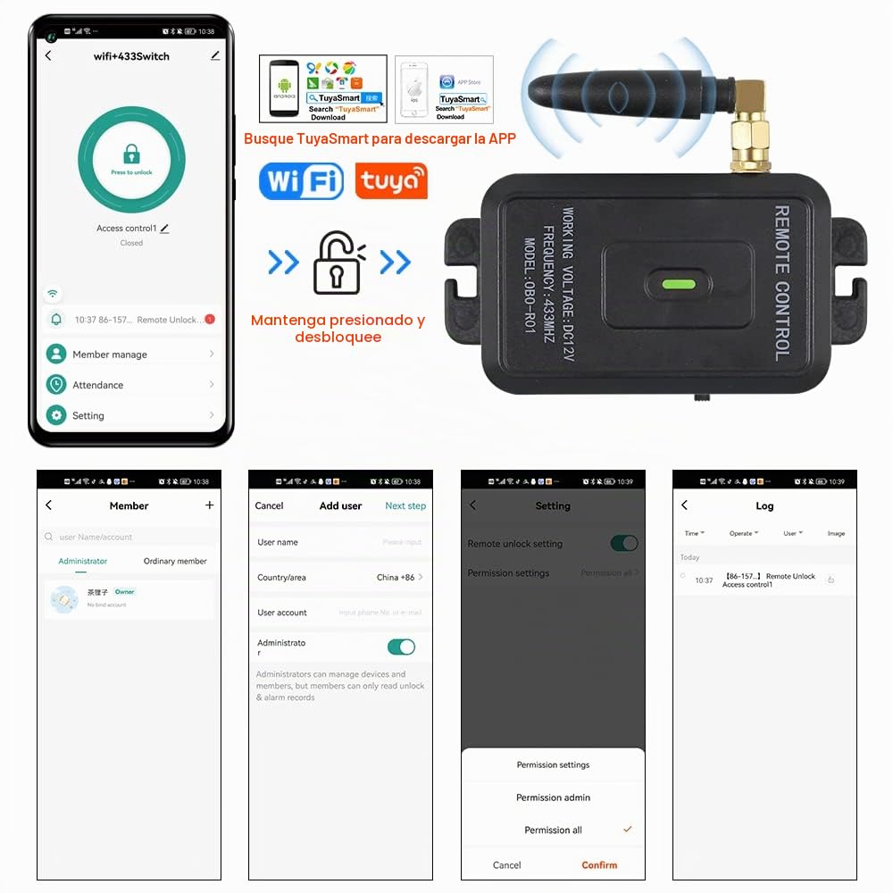 WiFi Tuya App Kit de Sistema de Control de Acceso Remoto Inalámbrico Abre la Puerta de Desbloqueo + 180KG / 350lbs Cerradura Electromagnética + Botón de Salida