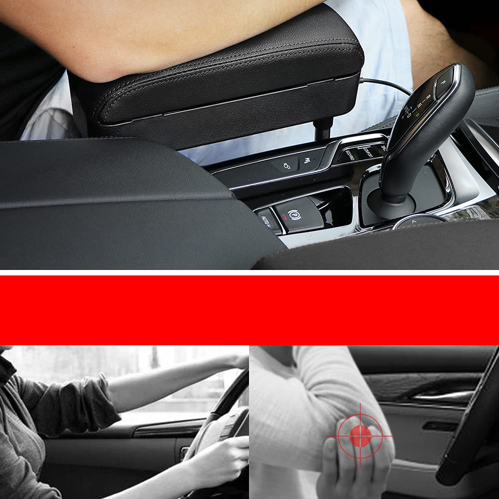 JSCARLIFE Organizador de consola central de coche, reposabrazos, caja de almacenamiento multifunción, soporte de soporte para coche, cargador inalámbrico de PU negro