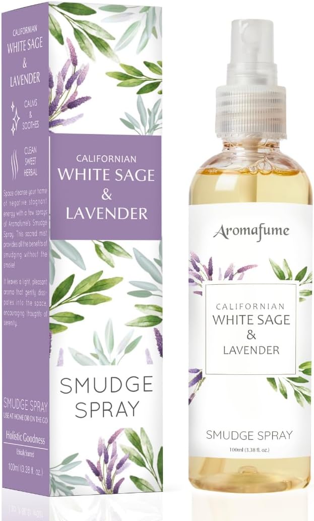 Aromafume White Sage & Lavender Smudge Spray & Natural Mist | 100 ml / 3.3oz | Salvia Apiana & Lavender Extracts | Deepens Relaxation, Induces positivity | Non-alcoholic, non-toxic & vegan
