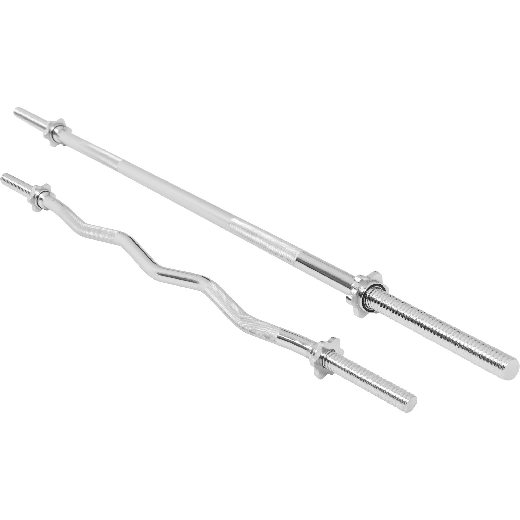 GORILLA SPORTS® Ensemble de Barres d'Halteres - Longue 170cm, SZ Curl 120cm, Fermoirs en étoile/à Ressort, 30mm, Moleté, Chromé, Argenté/Noir - Barre SZ