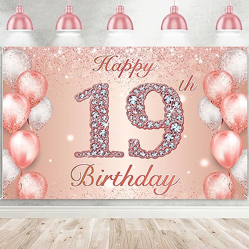 Image of Happy 19th Birthday Rose Gold Banner Cheers to 19 Years Old Backdrop Confetti Balloons Theme Decor for Girls Women 19 Years Old Pink Birthday Party Decorations Bday Supplies Background Gift Glitter