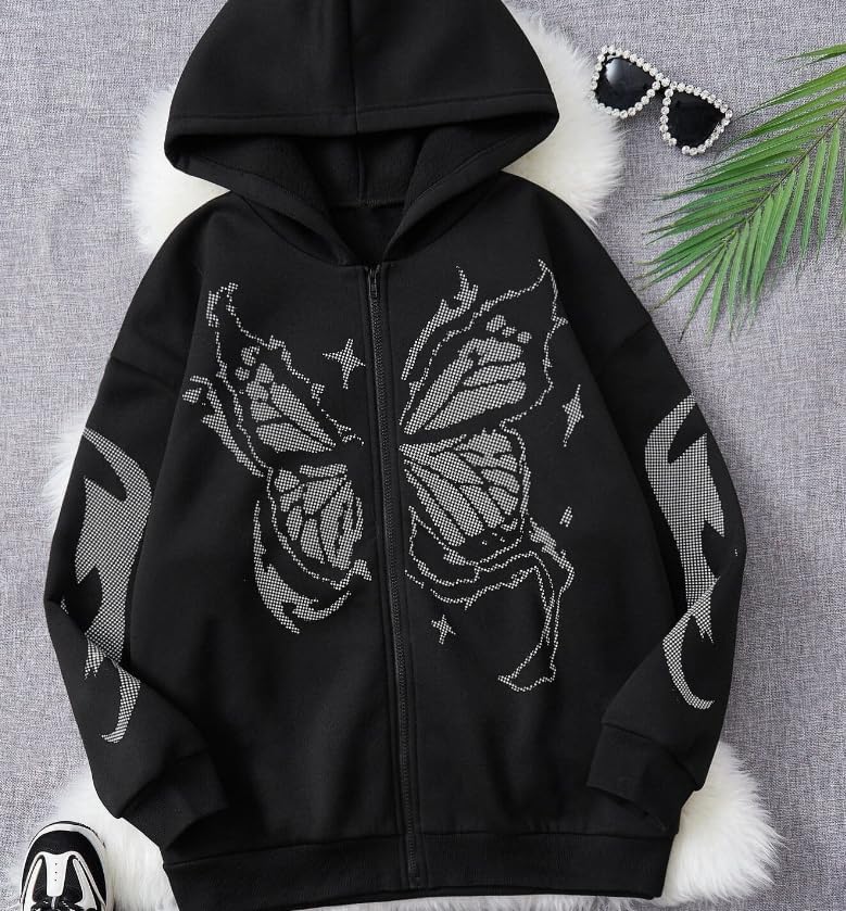 POHADON Y2k Vintage Zip Up Hoodie for Women Oversized Butterfly Graphic Long Sleeve Hooded Aesthetic Sweatshirt Jacket - Image 2
