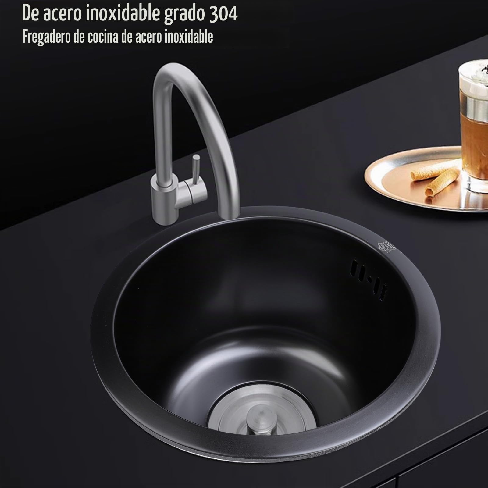 Fregadero Individual Redondo de Acero Inoxidable, Fregadero de Cocina de 42cm de Diámetro Exterior, Fregadero Redondo, Fregadero de Cocina bajo Encimera (Nanonegro)