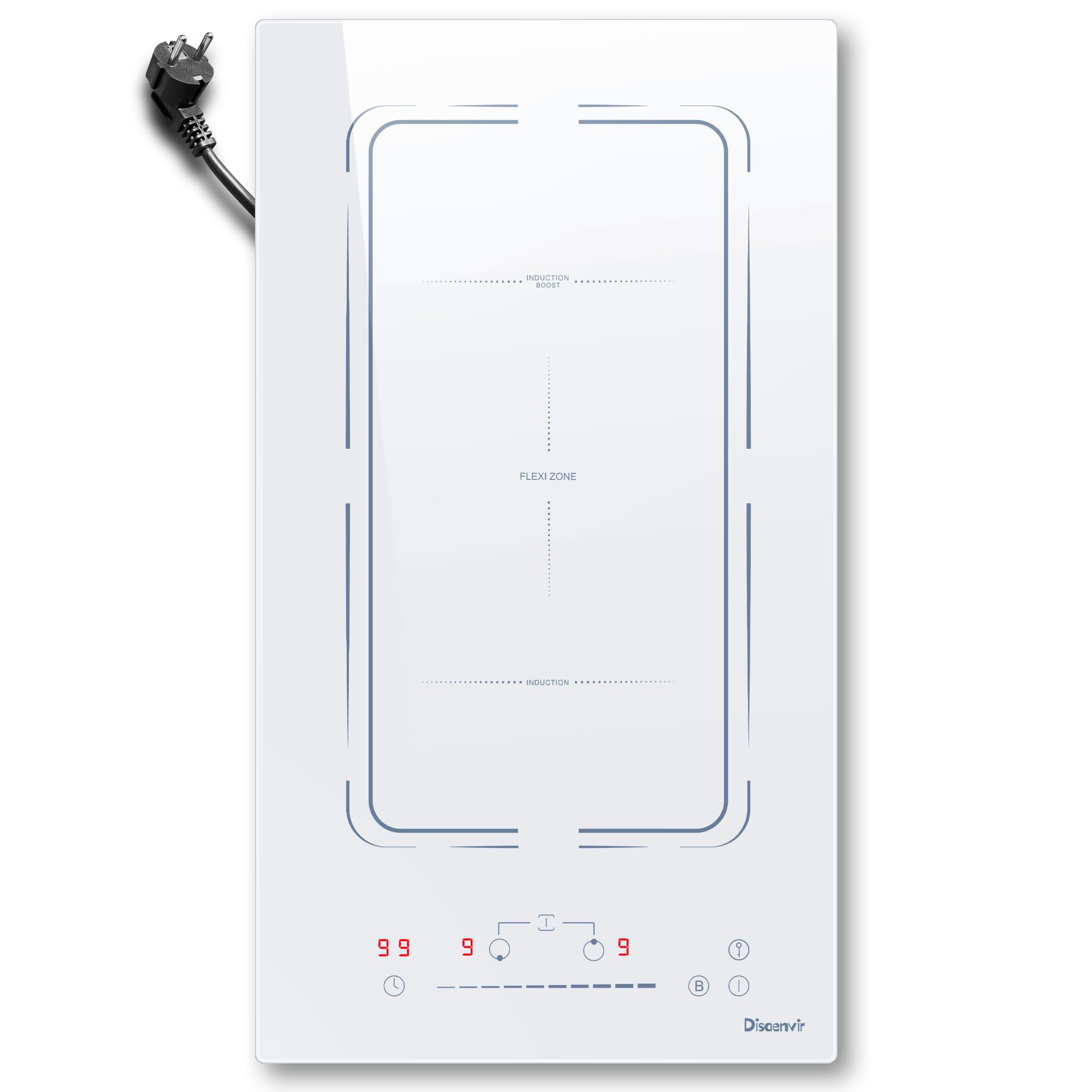 Placa Induccion 2 Fuegos Blanca Enchufabl de 30 cm 3500W, Barbacoa Encimera Induccion con Zona Flexible, Placa Eléctrica con 9 Niveles, Función de Boost, Cronómetro, Bloqueo Para Niños, Disaenvir