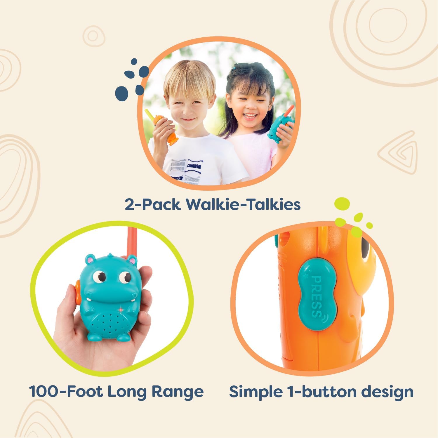 B. toys – Hippo & Monkey Walkie-Talkie Set – Two-Pack Play Communication Devices with 100-Foot Range – Promote Outdoor Exploration, Social Skills in Kids – Designed for Ages 3+