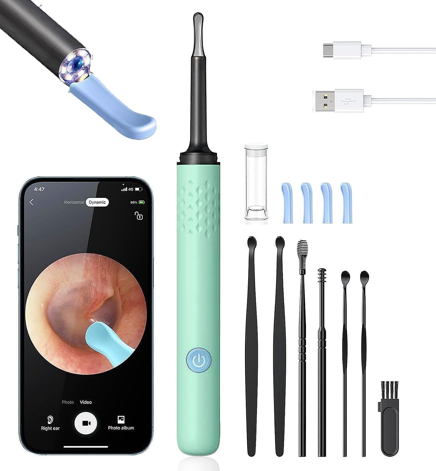 Ear Wax Removal Tool Camera - Ear Cleaner with Camera, Hassle Instant Removes Ear Wax,1080P HD Camera Lens & 7 Pcs Ear Set - Ear Cleaning Kit with 4 Ear Pick(Green)