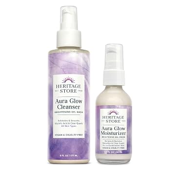 HERITAGE STORE Aura Glow Facial Cleanser, Facial Moisturizer - Daily Skin Care Bundle - Brightening Face Wash, Moisture-Rich Gel Cream, Add Radiance w/Clear Quartz, Vegan, Hypoallergenic, 6oz/1.9oz