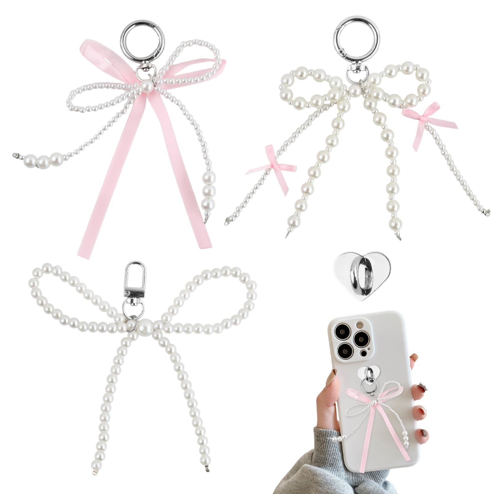 QINGZY 3 Stück Perlenschleife Schlüsselanhänger Damen, Süße Perlen Bow Keychain Anhänger, Eleganter Schlüsselring Charms Deko für Tasche Auto Handy Geldbörse Geschenk