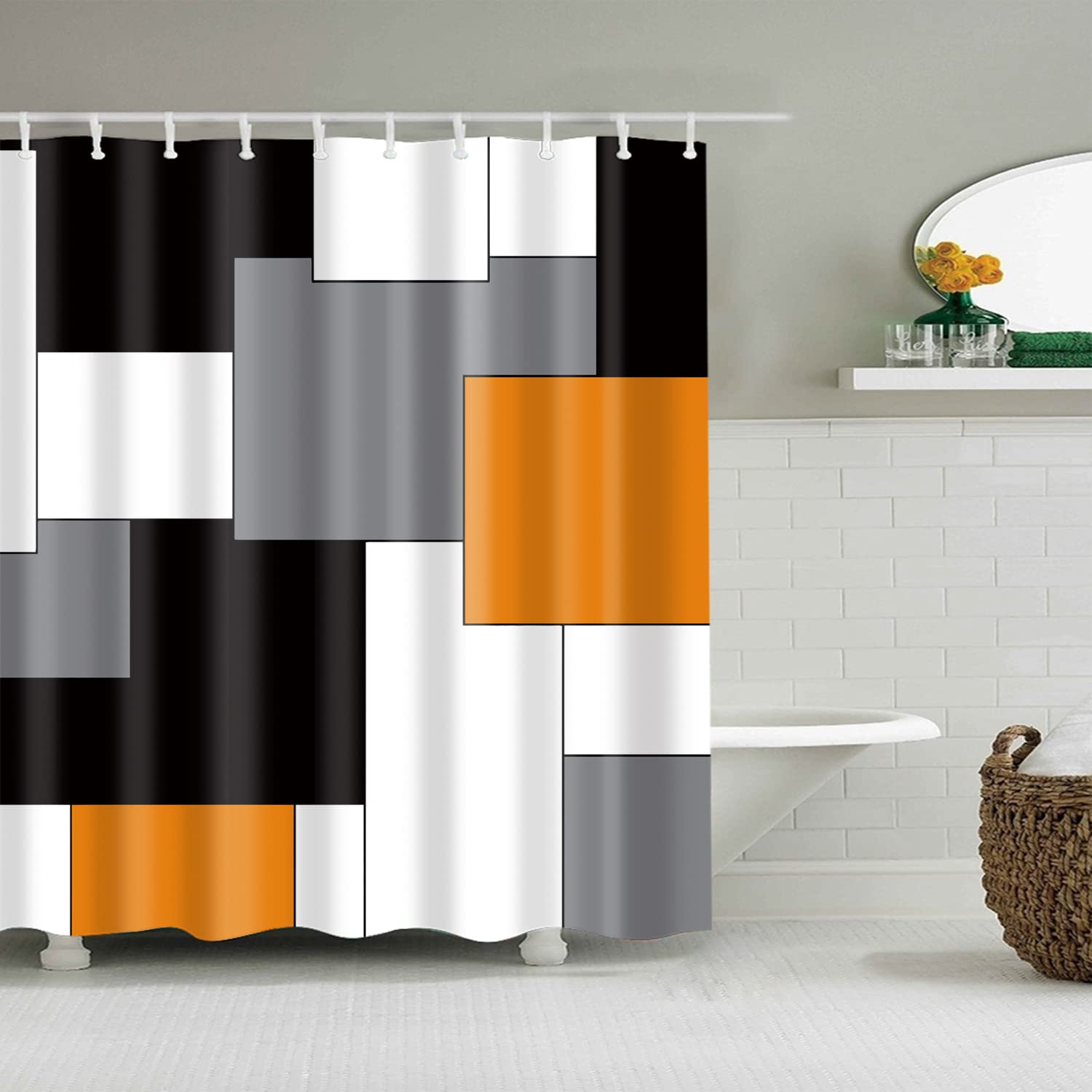 BOYOUTH Black,Grey,Orange,White Geometry Pattern Digital Print Shower Curtain for Bathroom Decor,Polyester Waterproof Fabric Bath Curtain with 10 Hooks,59x70 Inches,Multicolor — image 1