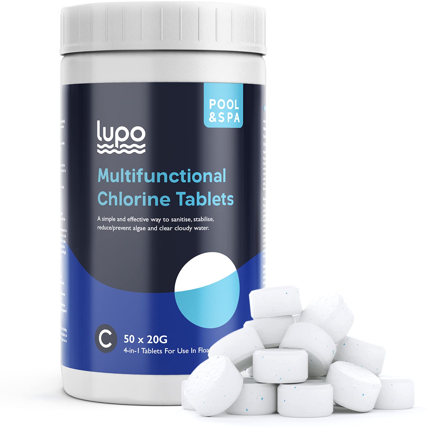 Lupo Multifunctional Chlorine Tablets, 4-in-1 Dispenser Tablets (Sanitiser, Stabiliser, Algaecide and Clarifier) - Suitable for all Pools, Hot Tubs and Spas (1KG - 50 x 20g Tablets)