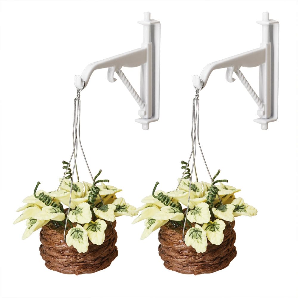 Odoria 1/12 Scale Dolls House Miniature Plants in Hanging Basket and Bracket 2Pcs Mini Wall Plant Hook Miniatures Dollhouse Decoration Accessories, Light Green