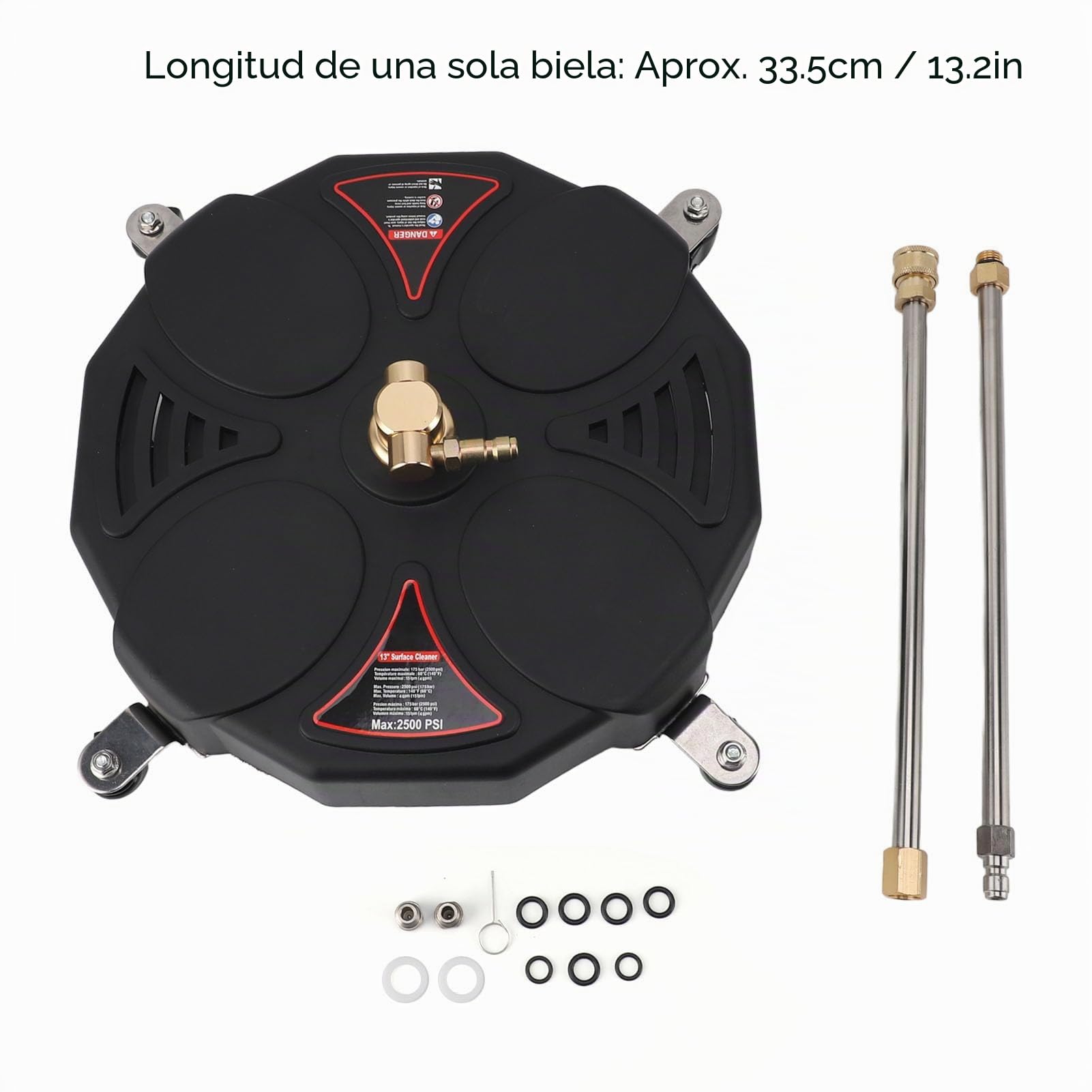Limpiador de Superficies de Lavadora a Presión de 13" con 4 Ruedas, Conector Rápido, Accesorio de Lavadora Eléctrica, Acero Inoxidable, Latón y ABS, 2500 PSI