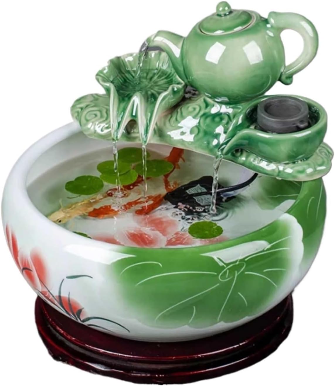 Fish Tank Ceramic Round Fish Tank Turtle Tank Living Room Small Home Desktop Decorative Fish Tank with Water Pump and Ceramic Teapot Decoration for Desktop Di,Green-32cmx14cm