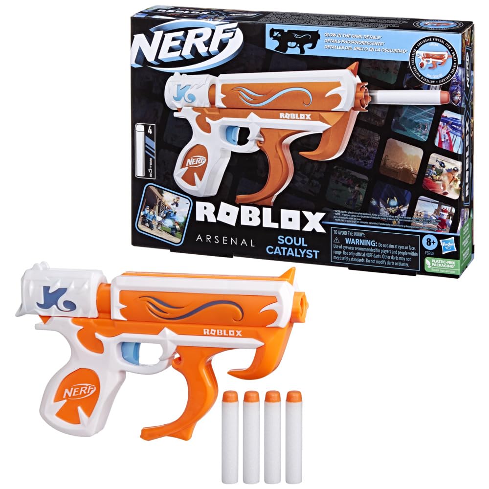 NerfRoblox Arsenal: Soul Catalyst Dart Blaster, Includes Code to Redeem Exclusive Virtual Item, 4 Elite Nerf Darts, Outdoor Games