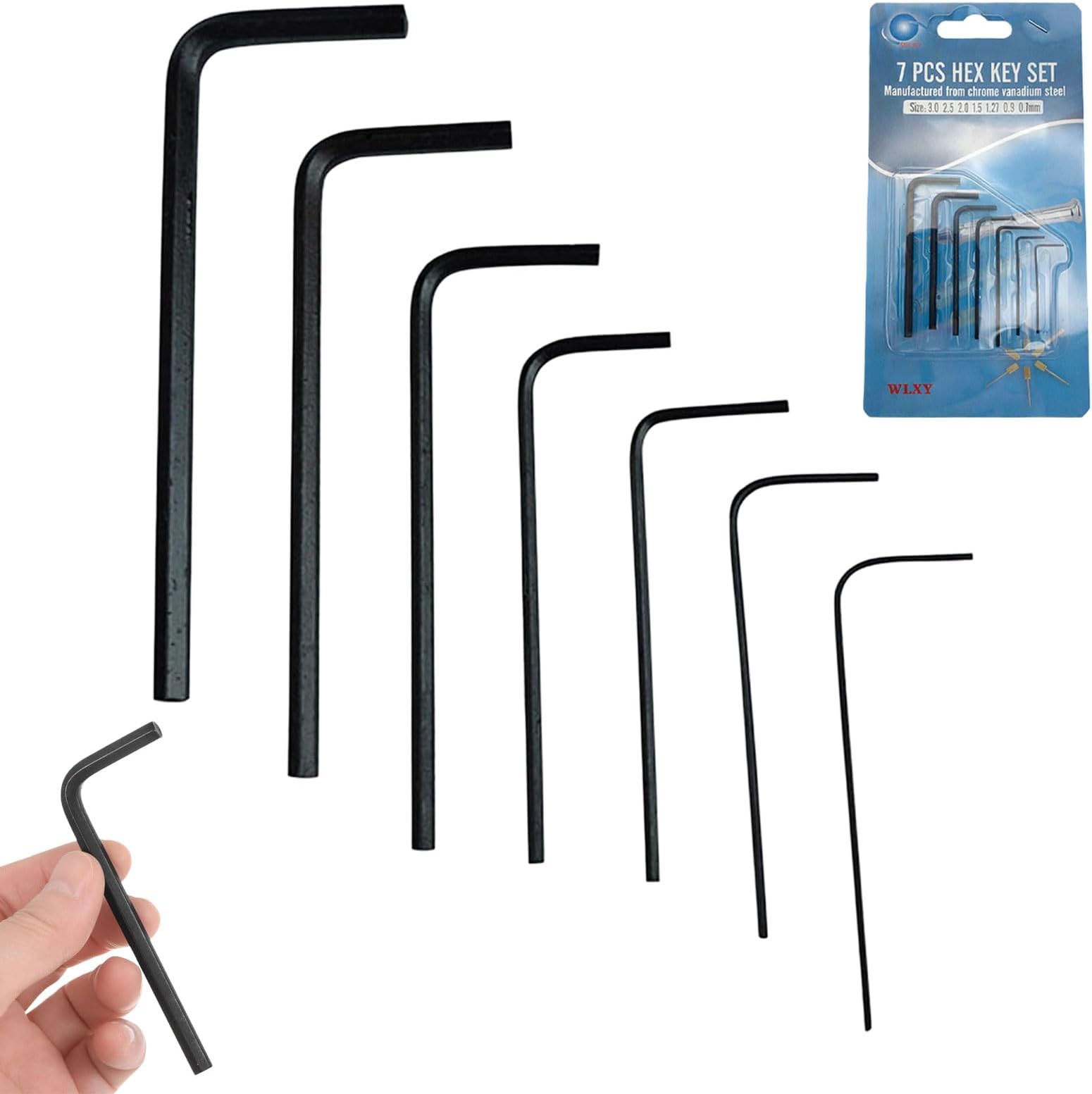 Miniature Hex Key Set 7pc, Chrome，Small Allen Keys Mini Micro Hexagon Hex Allen Key Set Wrench Screwdriver Tool Kit 0.7mm/0.9mm/1.3mm/1.5mm/2mm/2.5mm/3mm
