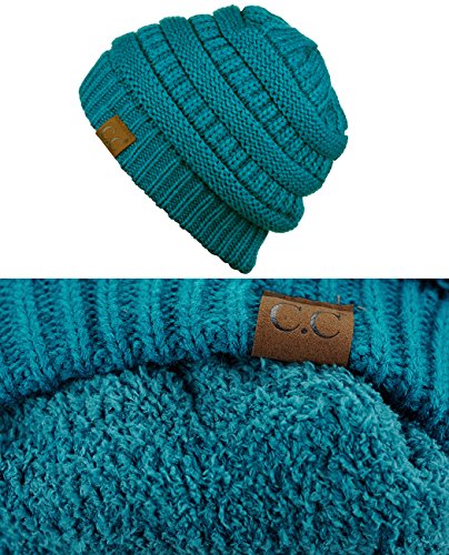 Image of C.C Unisex Chunky Soft Stretch Cable Knit Warm Fuzzy Lined Skully Beanie