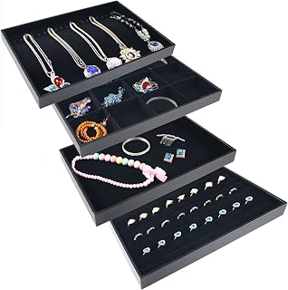 Flunyina Stackable Jewelry Trays Organizer Set Black Velvet Jewelry Trays Organizers Earring Necklace Bracelet Ring Display Organizer Jewelry Storage Display Trays Storage Case Necklace Bracelet Ring Organizers for Drawer, Table, 4Packs