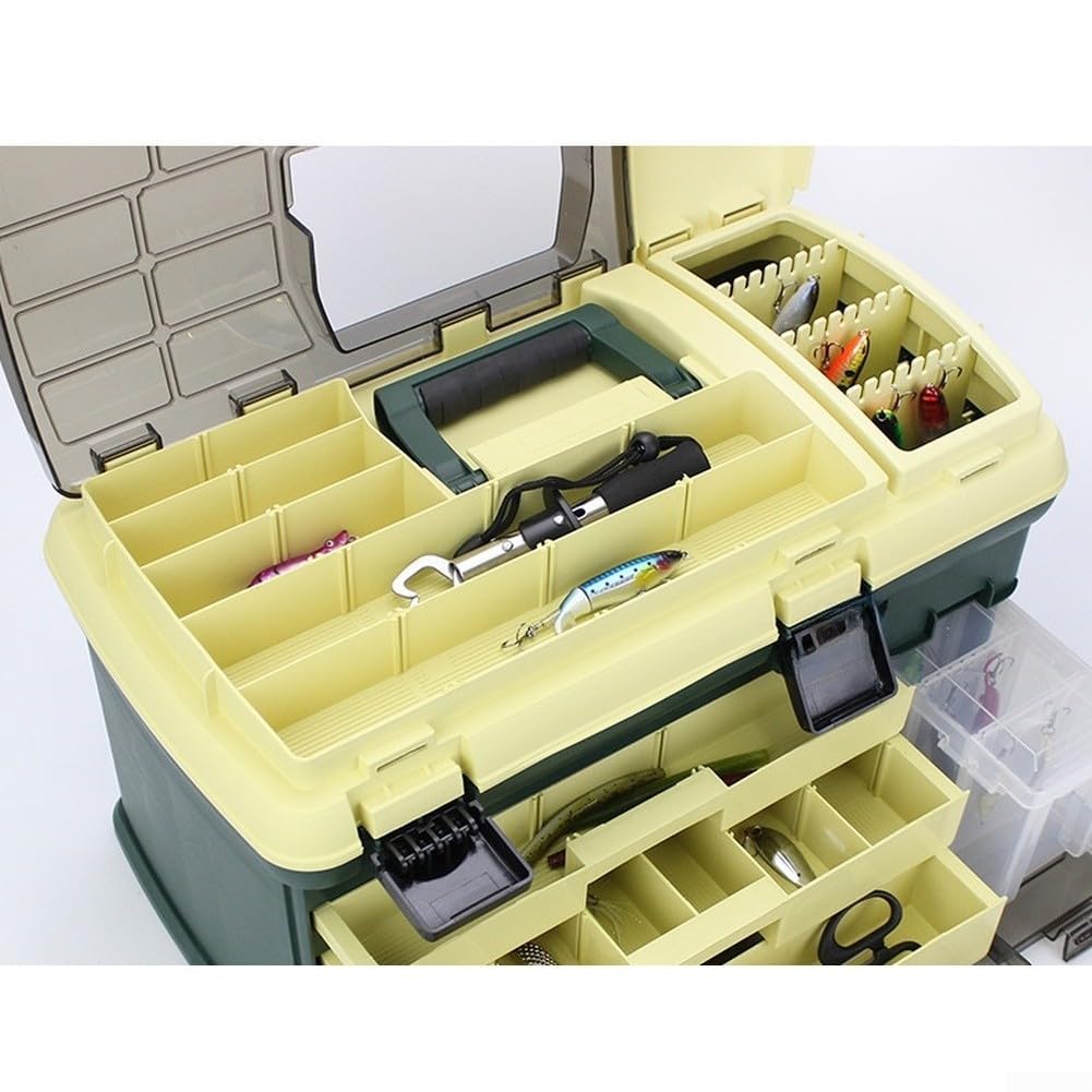 Grande Scatola per Attrezzatura da Pesca con cassetti a 3 Strati, 53 x 28 x 30 cm, Organizer per Esche per Pesca in Mare, Slot fissi Profondi e Chiusure di bloccaggio rinforzate, Verde