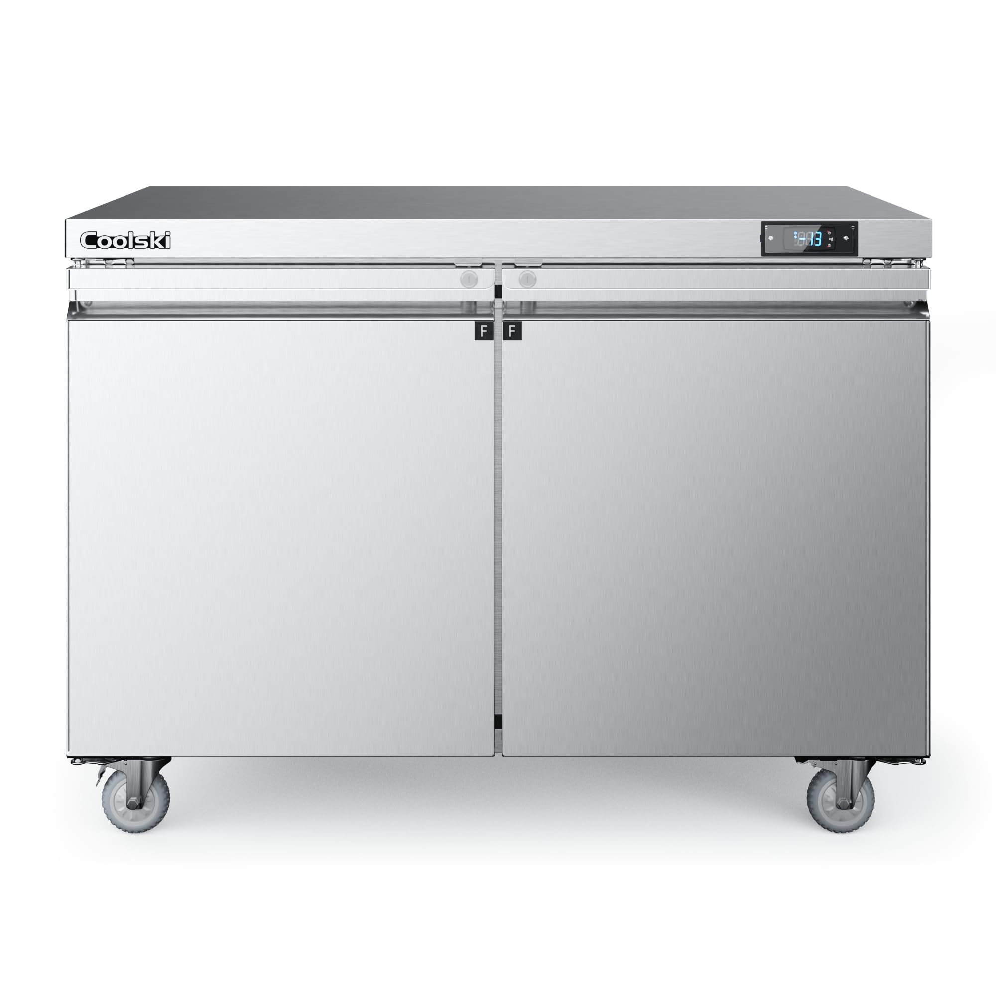 Coolski 48”W Commercial Freezer Undercounter Worktop, 13.4 Cu.ft. Stainless Steel Worktop Food Prep Freezer, -13℉to -5℉, Double Door 2 Shelves Fridge for Restaurant/Bar/Diner/Kitchen Use