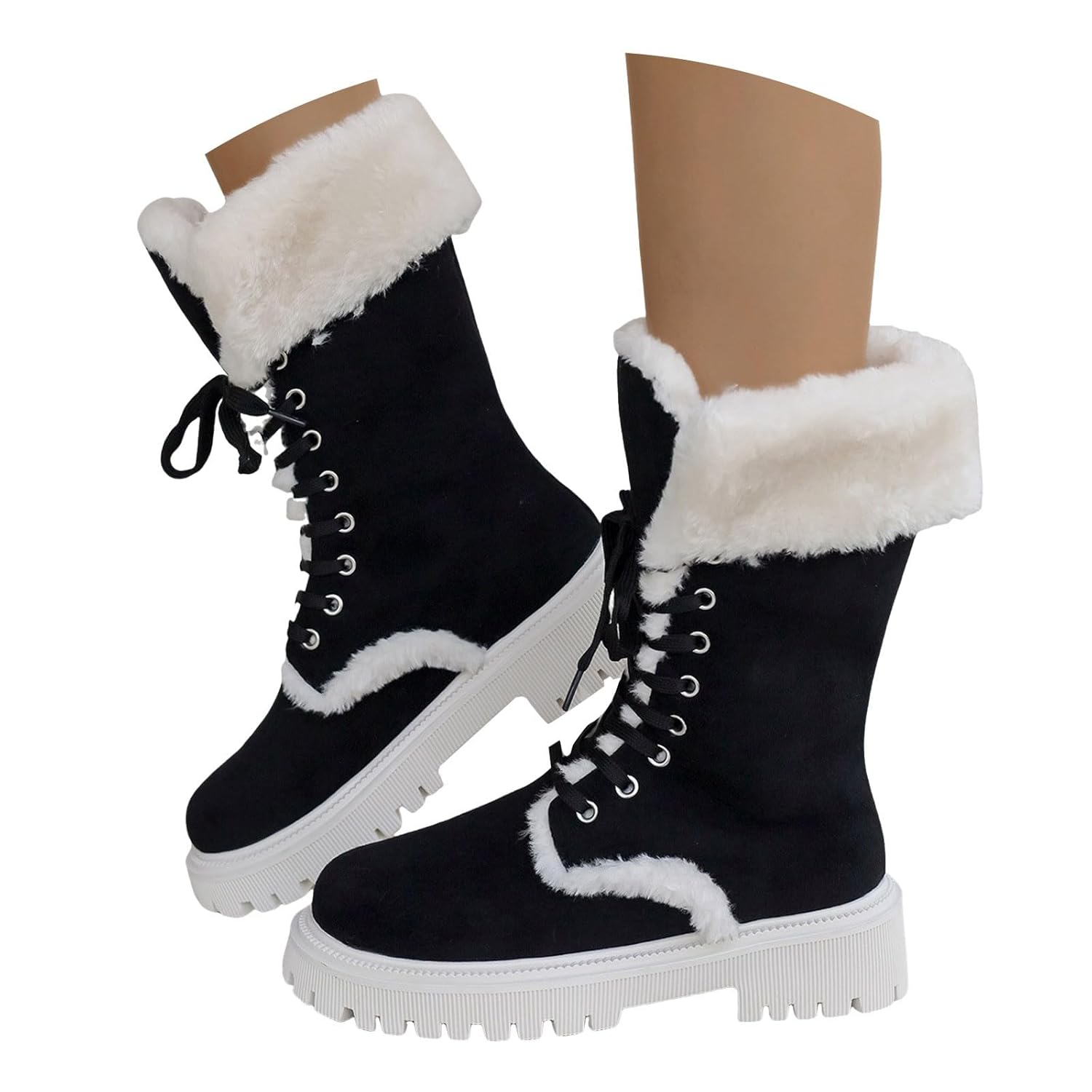 Women Suede Snow Boots Winter Warm Mid Calf Boot Fashion Thick Plush Booties Comfortable Platform Lug Sole Lace-up