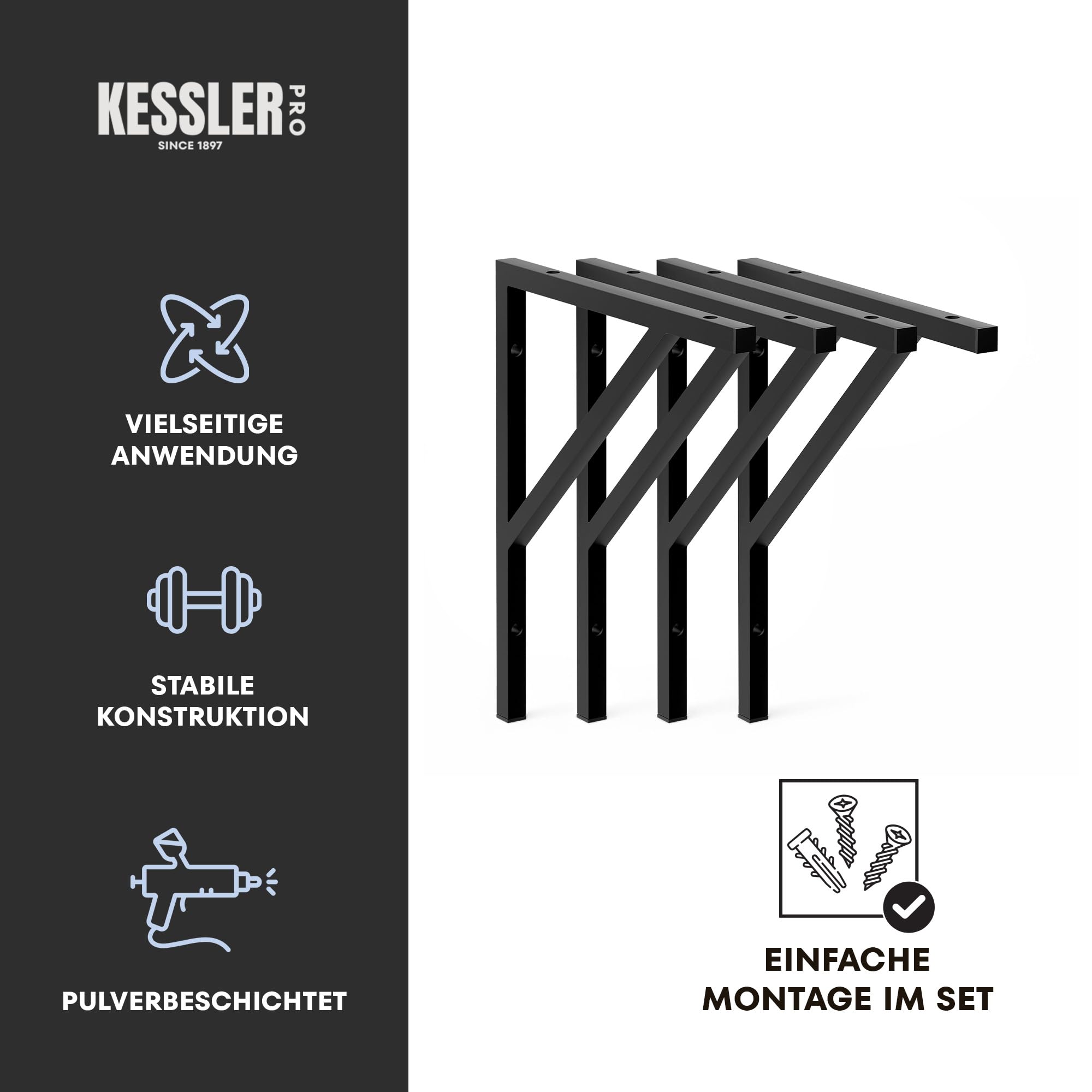 Wandhalterung L-förmig, Stahl, Schwarz 4 Stuck - 530 x 450 mm | pulverbeschichteter Stahl, Regale, Tische, Schreibtische, Arbeitsplatten, modern, Anleitung inklusive