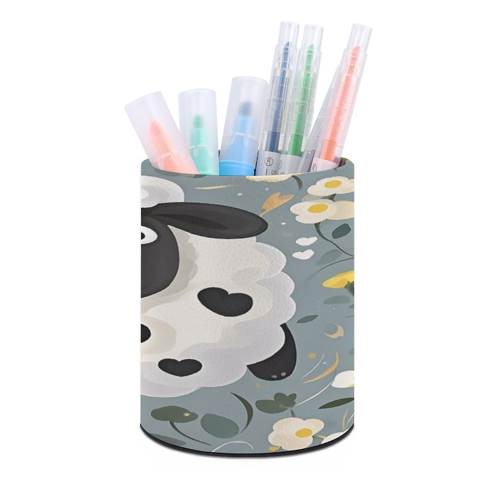 FekiLoot Round Cartoon Black White Sheep Pen Holder for Desk PU Leather Waterproof Pencil Cup Stand Minimalist Makeup Brush Storage Organizer Desktop Stationery Container Accessorires