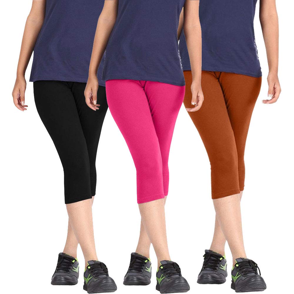 pixie fashion Biowashed Cotton Stretchable Capri Leggings Combo Pack of 3 for Women/Girls (Black, Pink, Brown) - Free Size-picture-10