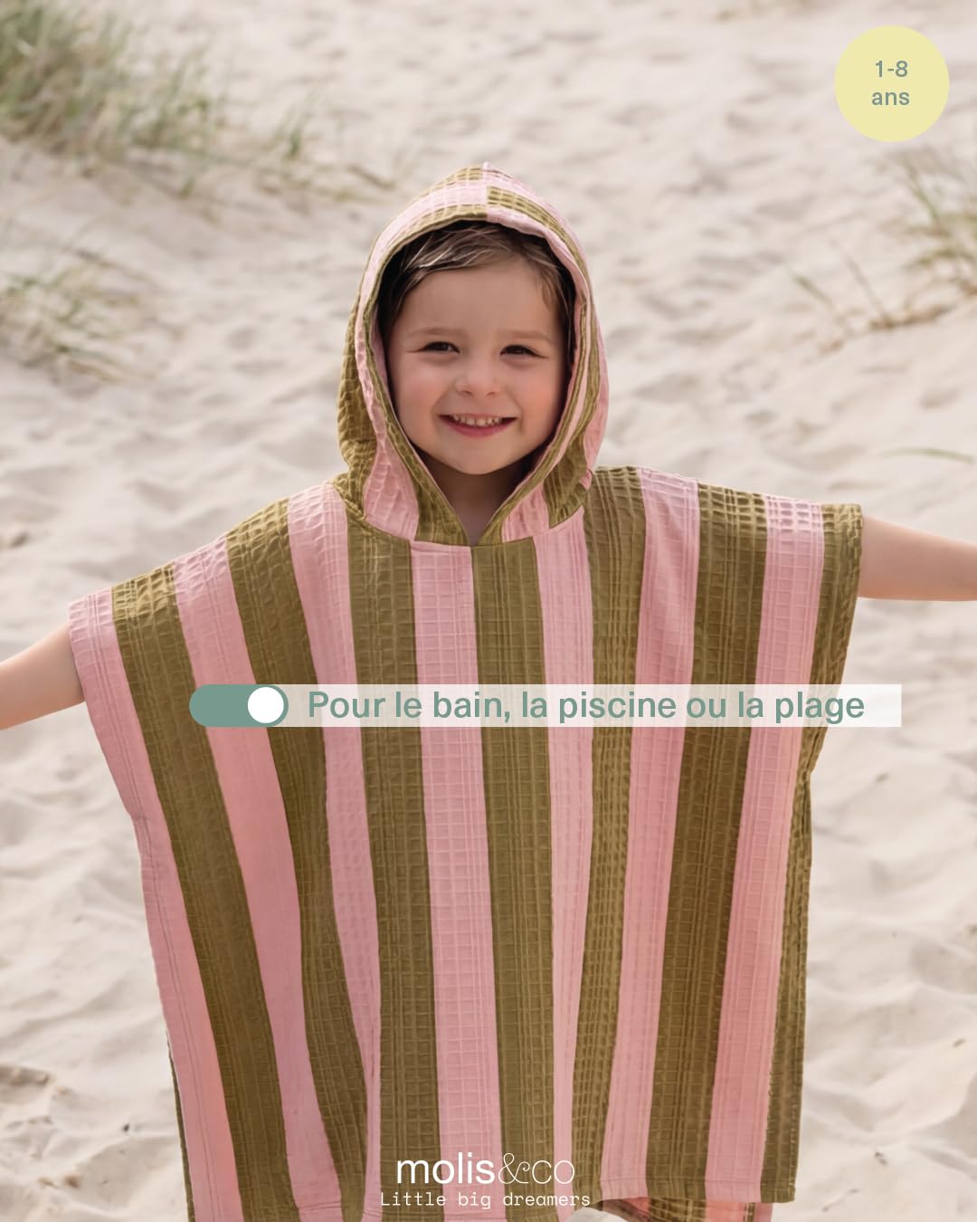 molis&co. Poncho de Bain pour enfants. Serviette de Plage à Capuche. Serviette de Bain enfants. (FR/ES, Âge, 1 an, 2 ans, Taille normale, KHAKI & ROSE STRIPES)