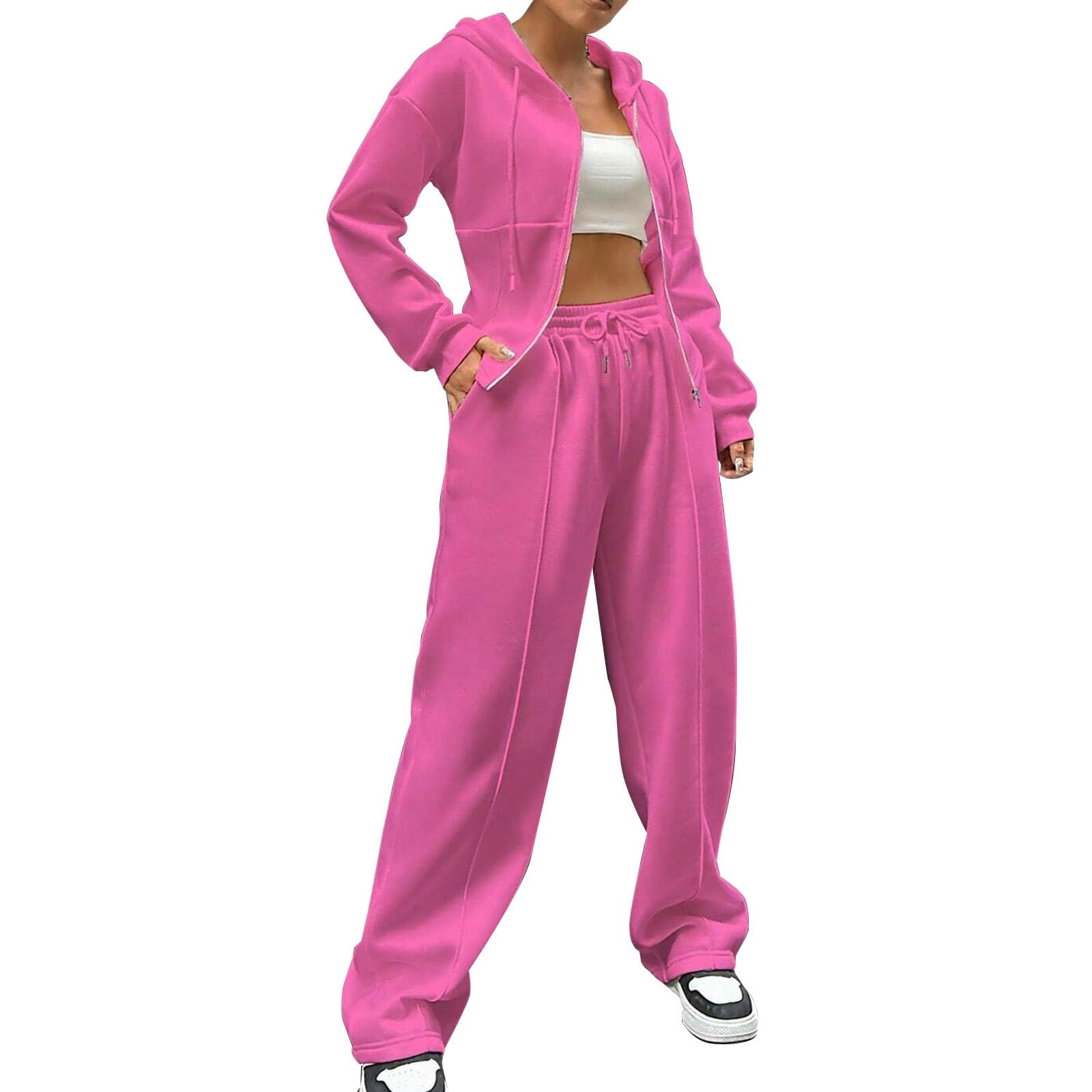 Tuta sportiva da donna, 2 pezzi, a maniche lunghe, in cotone, con cerniera | Tuta sportiva con cappuccio Y2K, tuta da jogging con giacca e tasche, casual, due pezzi, per fitness