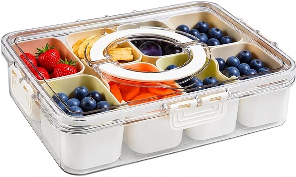 Snack Box With Compartments Food Storage Box With Tray, Lid and Handle,Reusable Snackle Box With 8 Removable Compartments For, Nuts,Fruits,Candy - Vegetables,BPA-Free Travel Friendly Food Containers