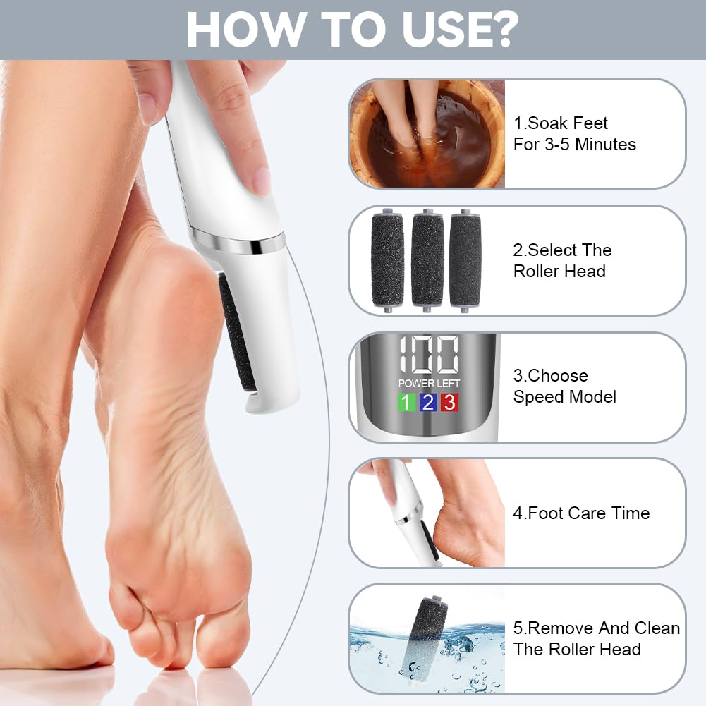 AOOWU Removedor Eléctrico de Callos de Pies, 3 Velocidades Ajustables Profesional Quita Durezas Electrico, Herramientas de Pedicura Recargables con 3 Cabezales de Rodillo Extraíbles para Piel Muerta