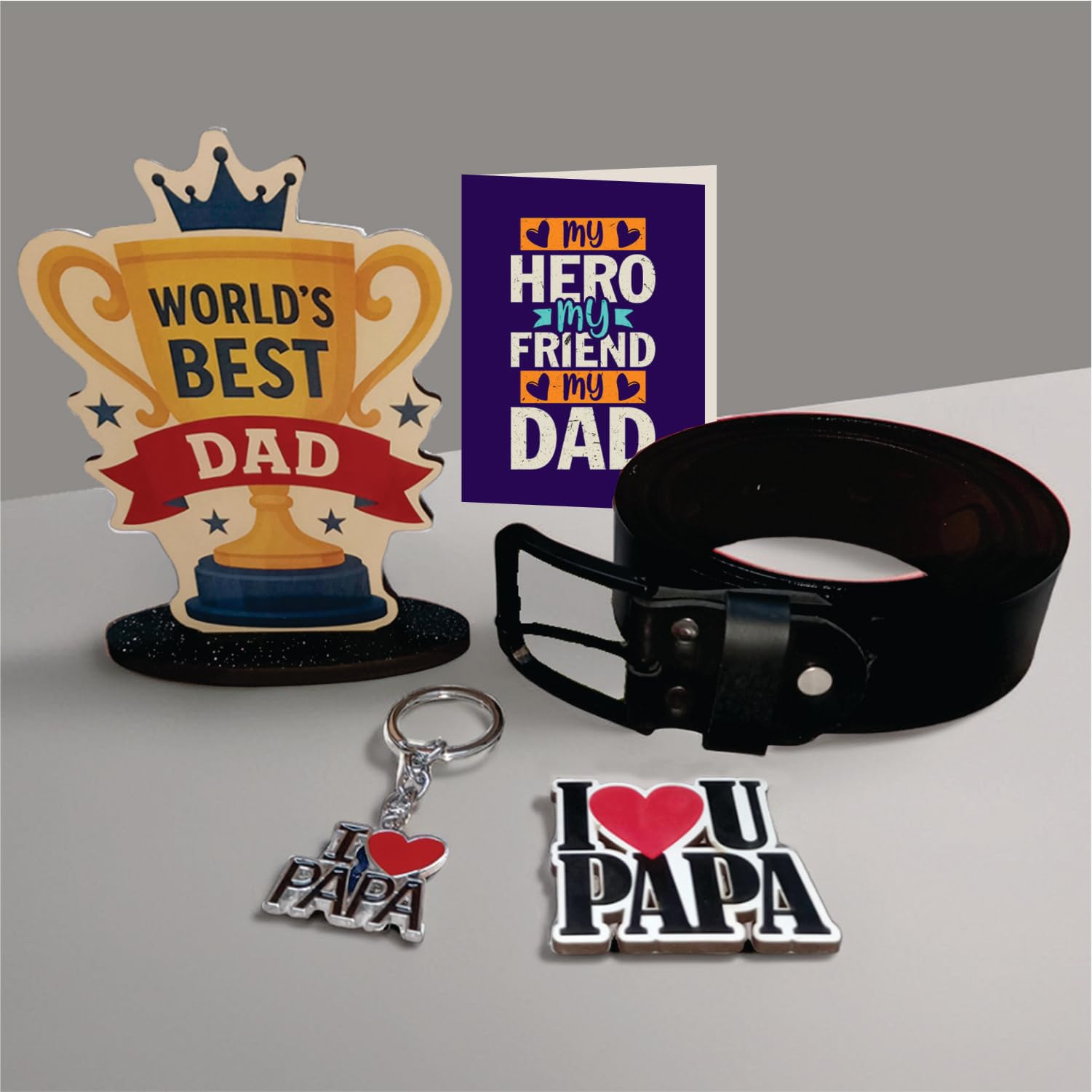PICRAZEE Father’s Day Gift Combo Set – World’s Best Dad Trophy, Belt, Metal Keyring, Fridge Magnet & Greeting Card – Best Gift for Dad Papa Father Birthday Father’s Day-picture-12