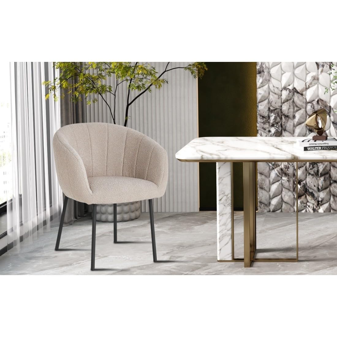 Chaise SEVILLE – Tissu bouclé sable – Pieds métal noir – H79 x L57 x P62 cm