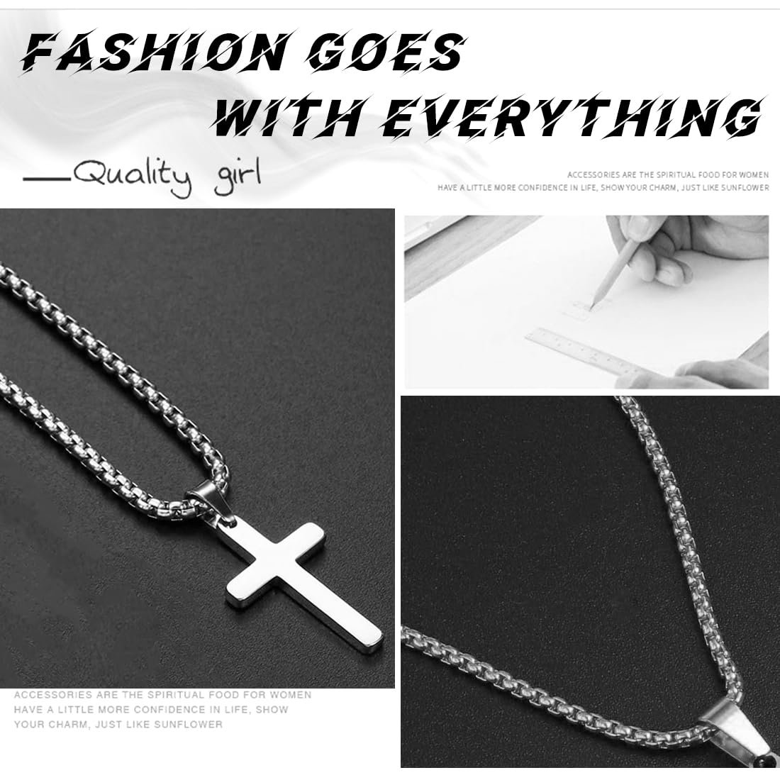 Collana a croce in acciaio inox per uomini e donne, semplice collana con ciondolo a forma di croce, argento/oro/nero, catena a barbazzale ro – 45/55+ 5 cm, Oro Bianco, Senza pietre preziose