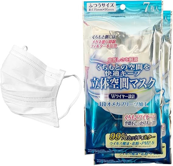 Amazon まとめ買い 7枚入 2個 ふつうサイズ 立体空間マスク 息苦しさを軽減 くちもとの空間を快適キープ Wワイヤー設計 4段オメガプリーツ加工 くちもと側にはメガネ曇り抑制フィルター採用 Cluster 布マスク