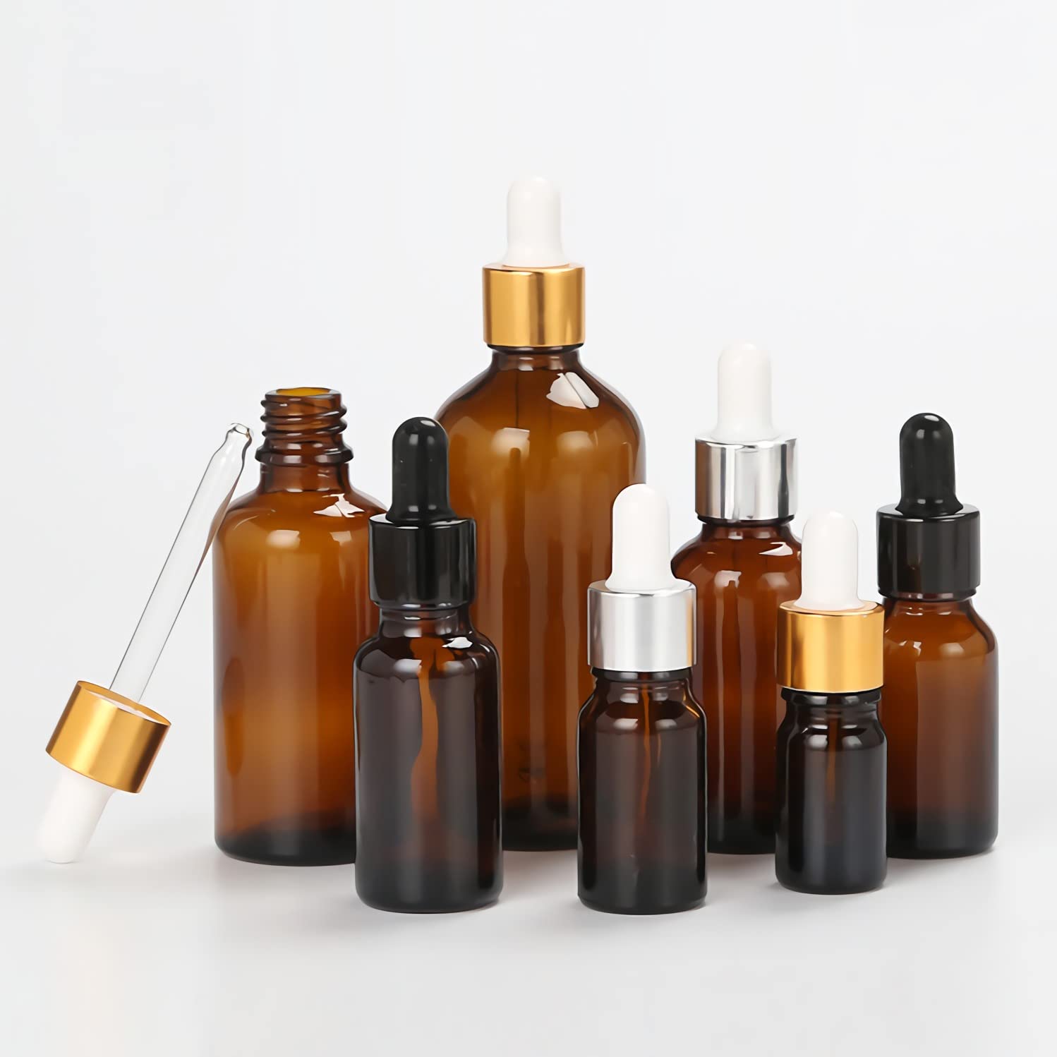Plastikowa butelka z rozpylaczem, 100 ml, bursztynowe szklane pipety ze złotym pierścieniem śrubowym, do olejków eterycznych, aromaterapii, mieszanek, perfum kosmetycznych, fiolek podróżnych