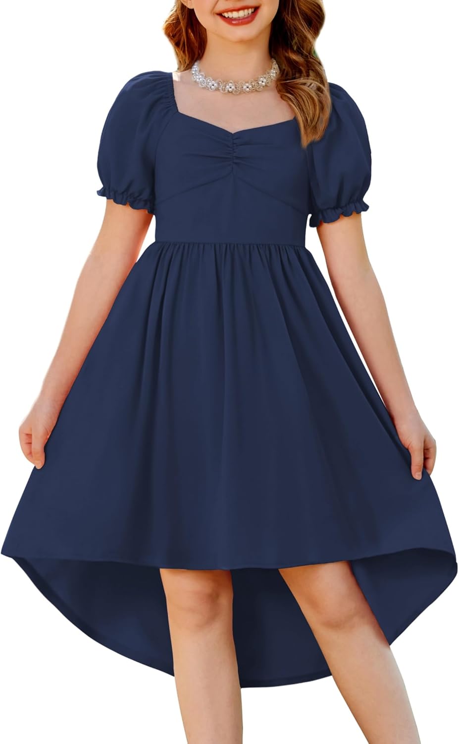 Arshiner Girls Summer Dress Puff Sleeve High Low Swing Off Shoulder Formal Dresses with Pocket