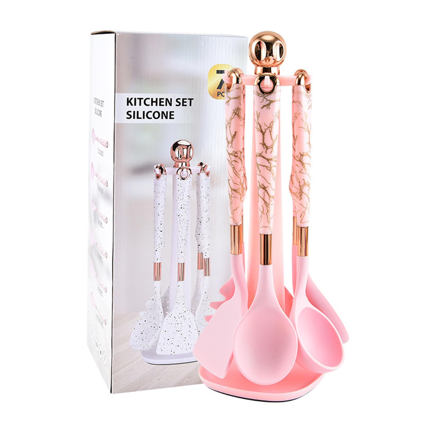 Set di 7 Utensili da Cucina in Silicone: Kit di Spatole E Cucchiai per Cottura Ad Alte Temperature (Grado Alimentare) con Supporto, Sicuro per Pentole Antiaderenti B