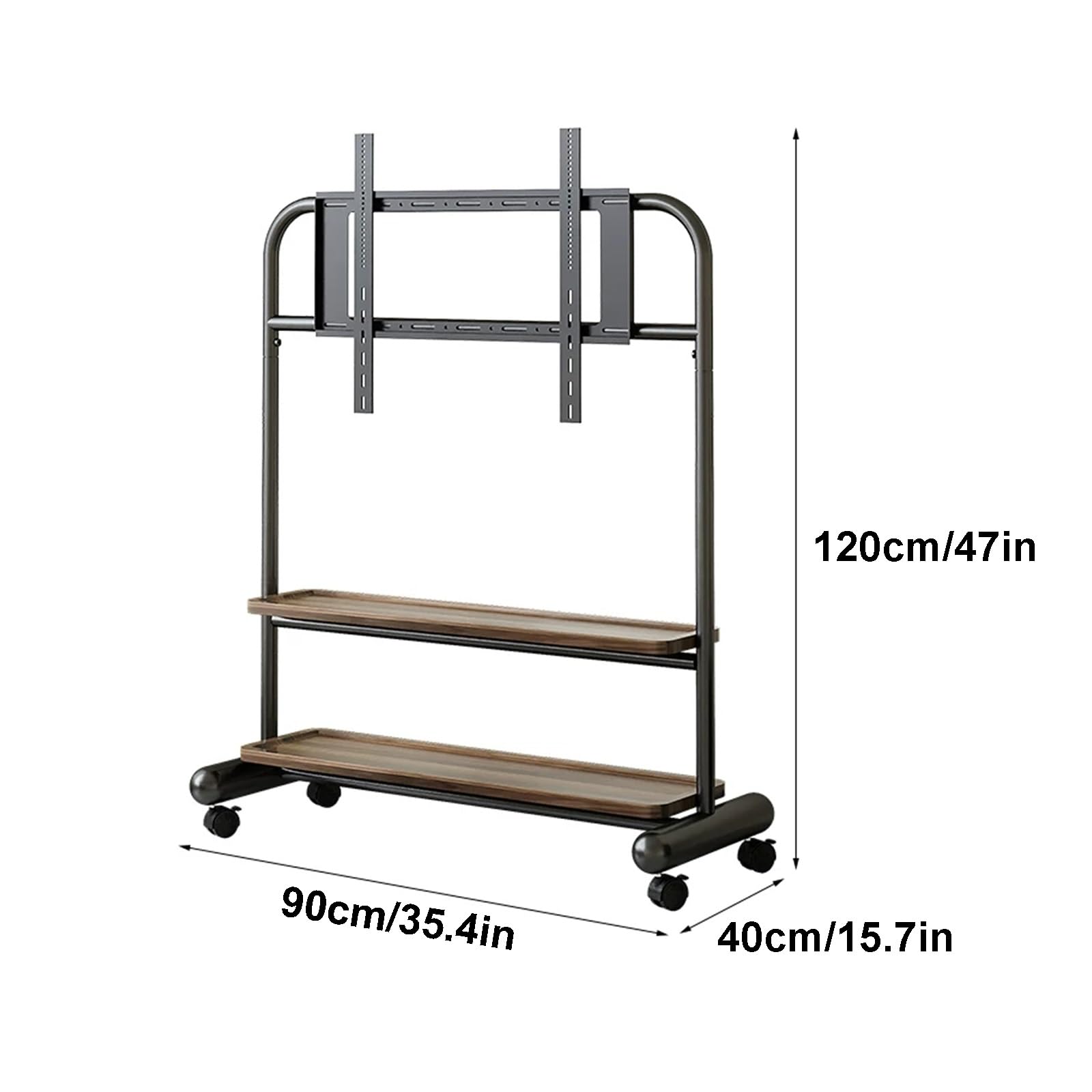 Supporto TV Mobile, Carrello TV Autoportante con Ruote | Doppio Ripiano con Bordi Rialzati, Ruote Bloccabili per TV a Schermo Piatto(Black)