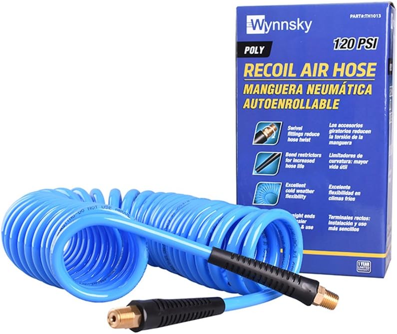 WYNNsky 25 Feet Polyurethane Coiled Air Compressor Hose, 1/4 Inch MNPT Brass Swivel Air Fittings with Bend Restrictor