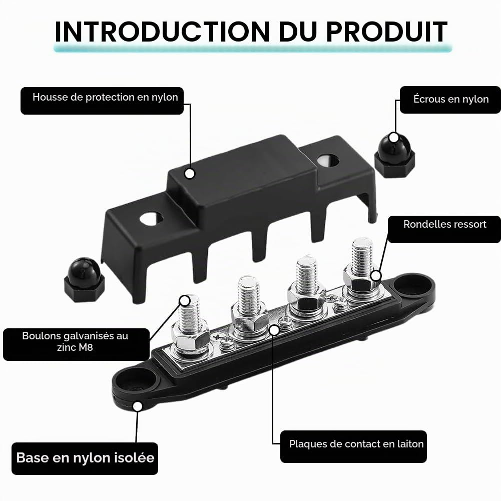 Lot de 2 rails de collecteur 12 V - 48 V CC - Bloc de distribution 250 A BusBar M8 - Avec 4 boulons de serrage M8 - Avec couvercle - Pour voiture, camping-car, bateau, yacht