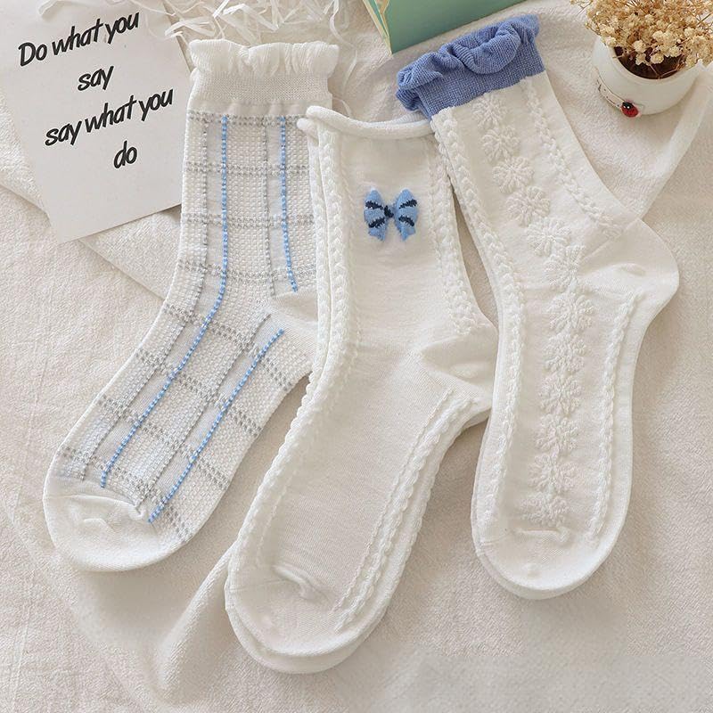 Image of 10 Pairs coquette socks Cute Floral Flower bow Socks Cottagecore Frilly Fancy aesthetic socksLace Ruffles Socks for Women (US, Alpha, One Size, Regular, Regular, Blue)