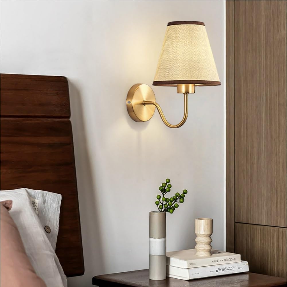Modern Light Luxury Gold Wall Sconce with Fabric Shade Industrial Rustic Bedroom Wall Light Hardwired Indoor Night Light Fixture Vintage Wall Mounted Lamp for Bedside Hallway Living Room