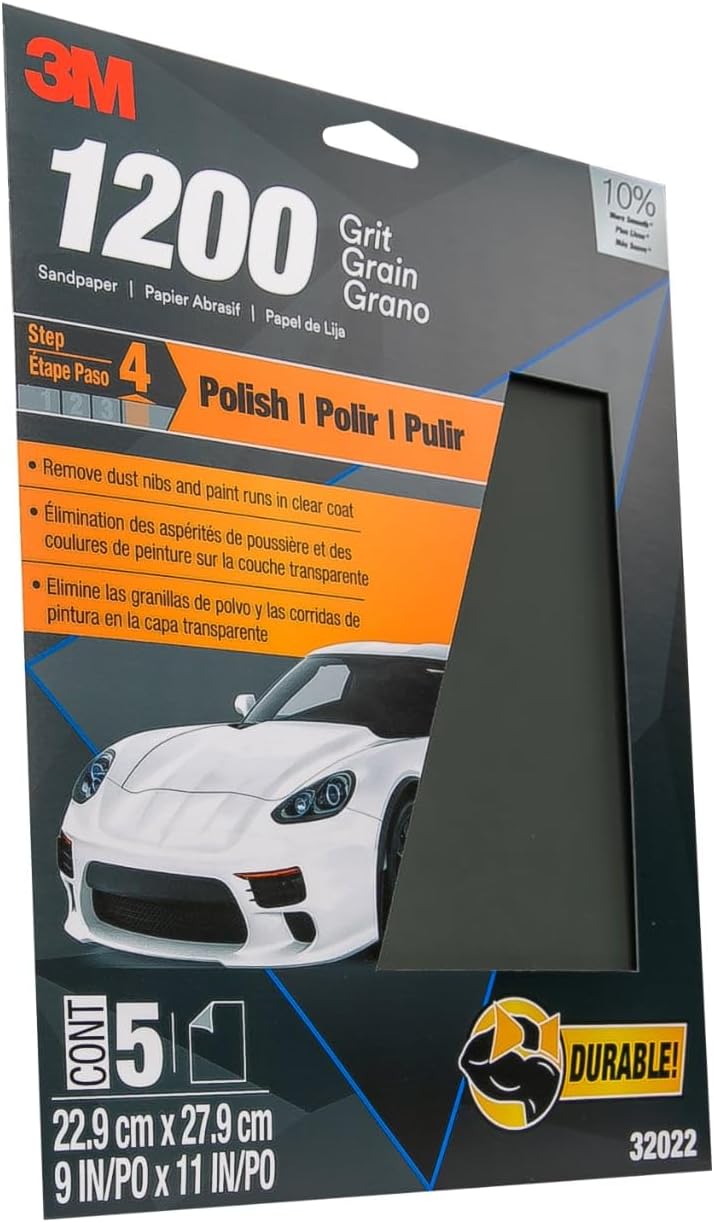 Wetordry™ Sandpaper, 1200 Grit, 9 in x 11 in, 5 Sheets, Use for Wet and Dry Sanding, Longer Lasting Sandpaper, Great for Auto Body Repair, Smooth Finish, Waterproof Backing for Wet Sanding (32022)