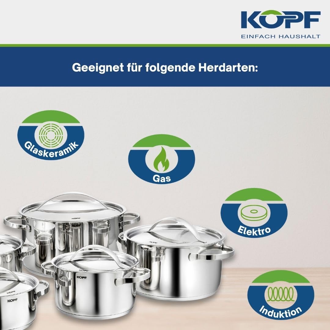 KOPF Topfset Induktion Stilo 10-teilig | Backofen & Spülmaschinen geeignet | Kochtopf-Set für alle Herdarten | 5 Töpfe mit Deckel | Literskala | Edelstahl