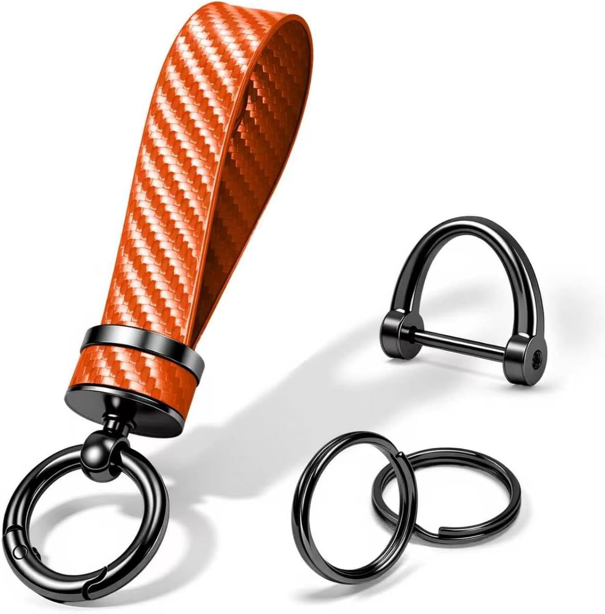 Turcee Carbon Fiber Car Keychain,Automotive Interior Accessories Keychains Leather Car Key Fob,Car Accessories Key Ring&Anti-Lost D-Ring(Orange)