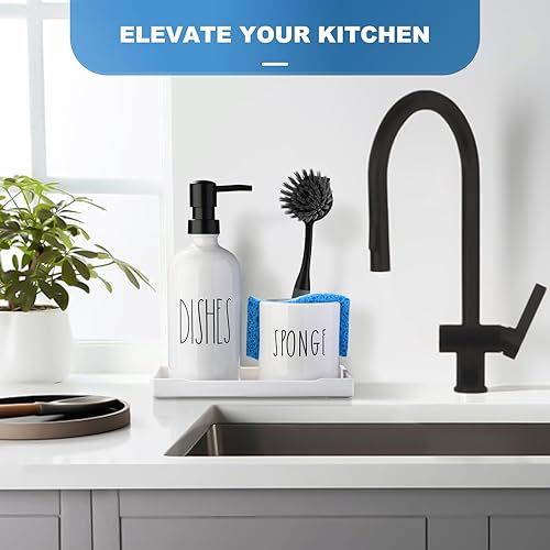 Miniatura 8 de Dispensador de jabón para platos para cocina, dispensador de jabón de cerámica con soporte para esponja, juego de dispensador blanco con bandeja,
